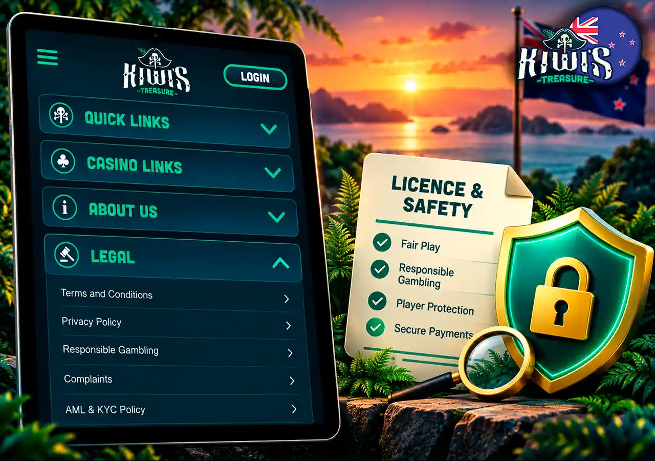 Kiwi's Treasure on tablet with verification shield and licence document for safety checks.
