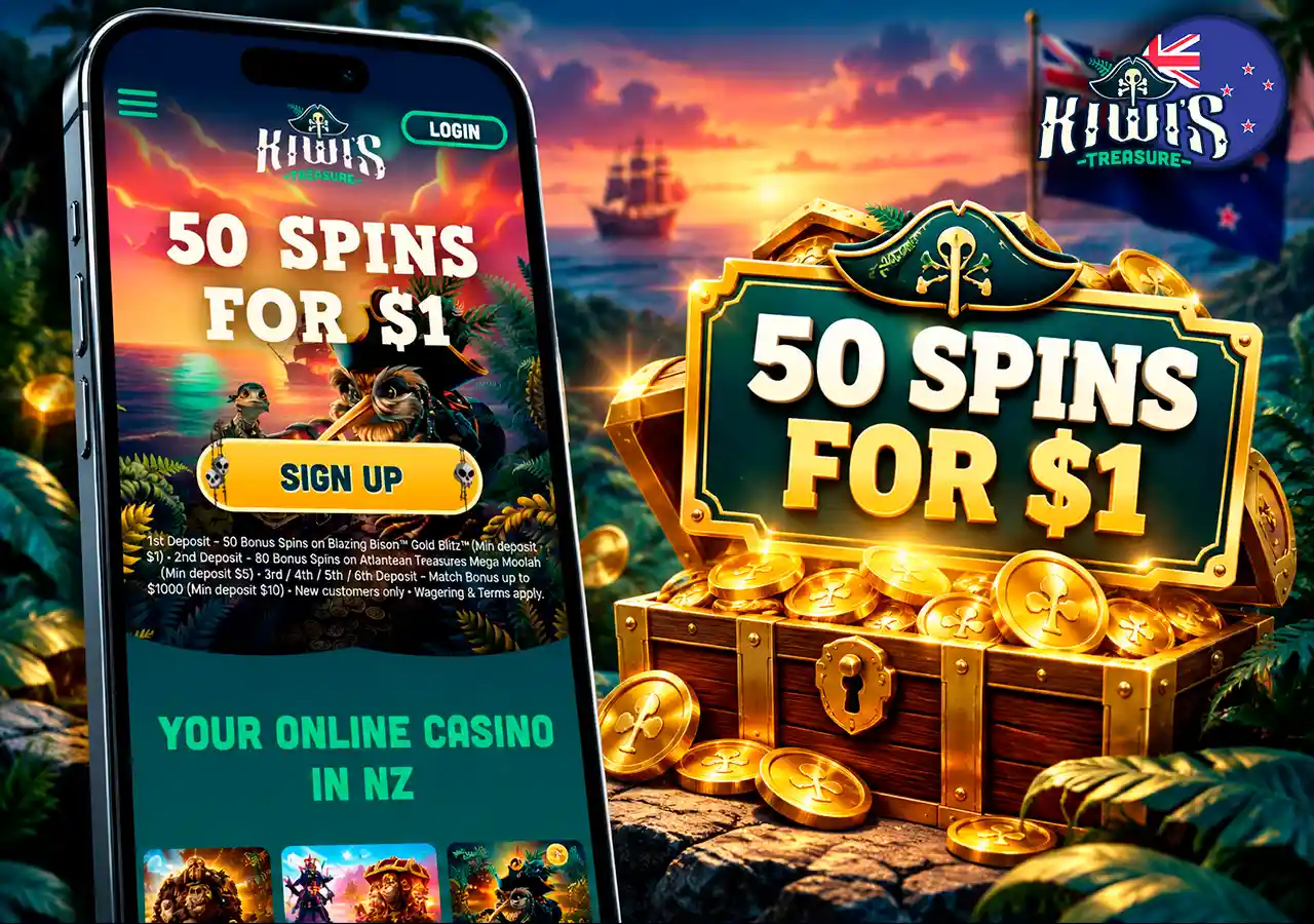 Kiwi's Treasure bonus page with treasure chest and 50 spins for $1 offer.