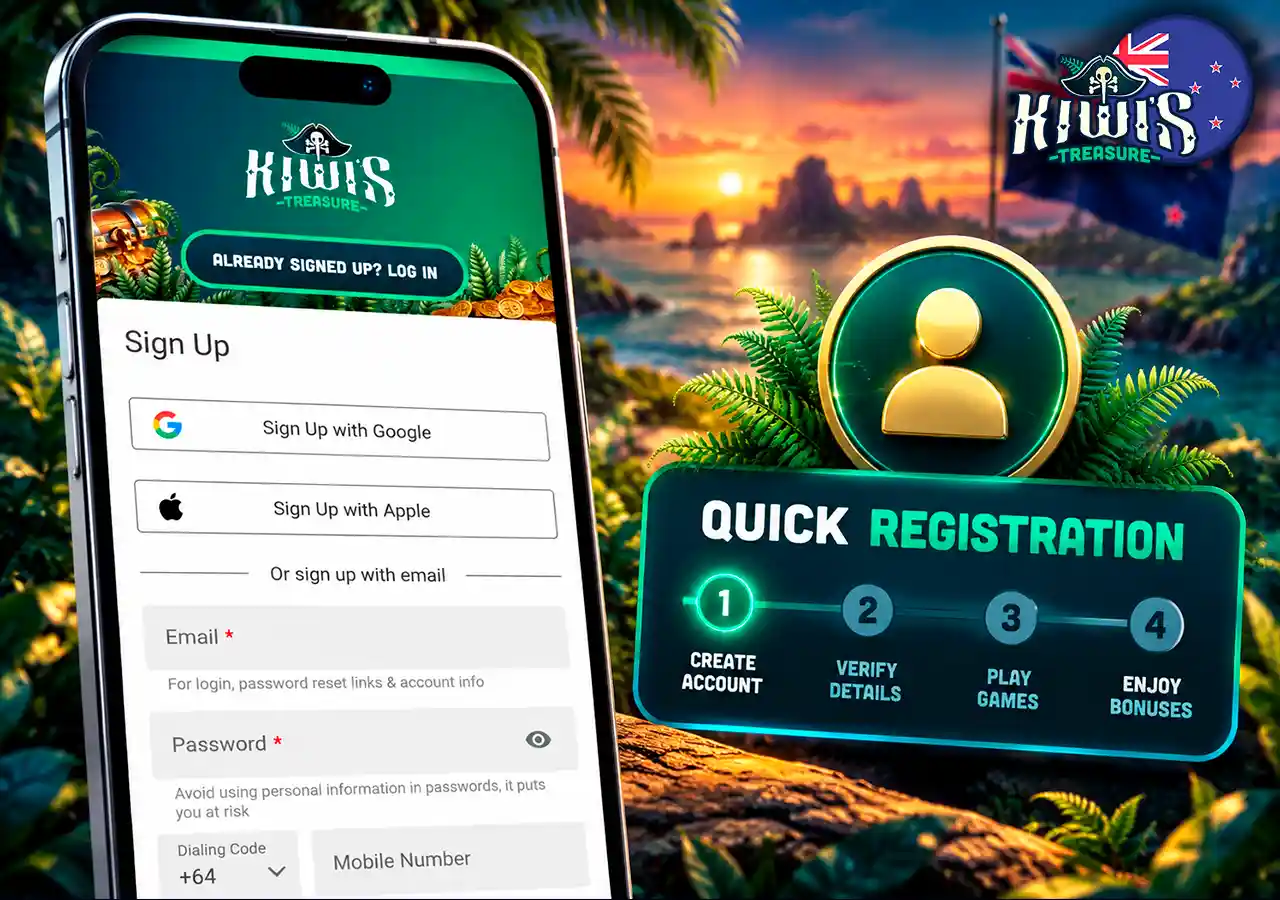 Kiwi's Treasure registration on mobile with a simple step-by-step account setup marker.