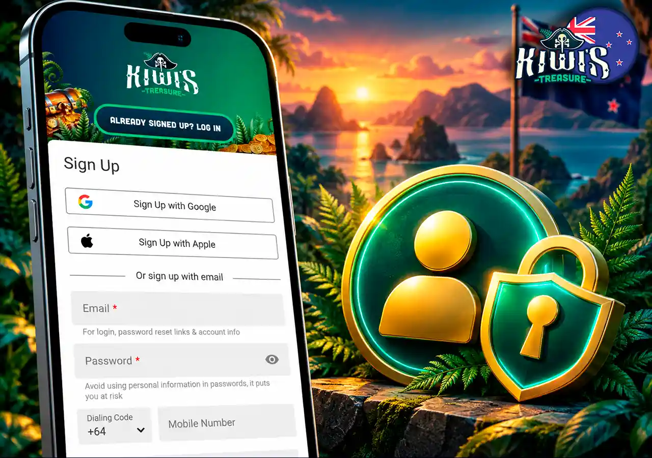 Kiwi's Treasure login screen on mobile with profile and secure access symbol.